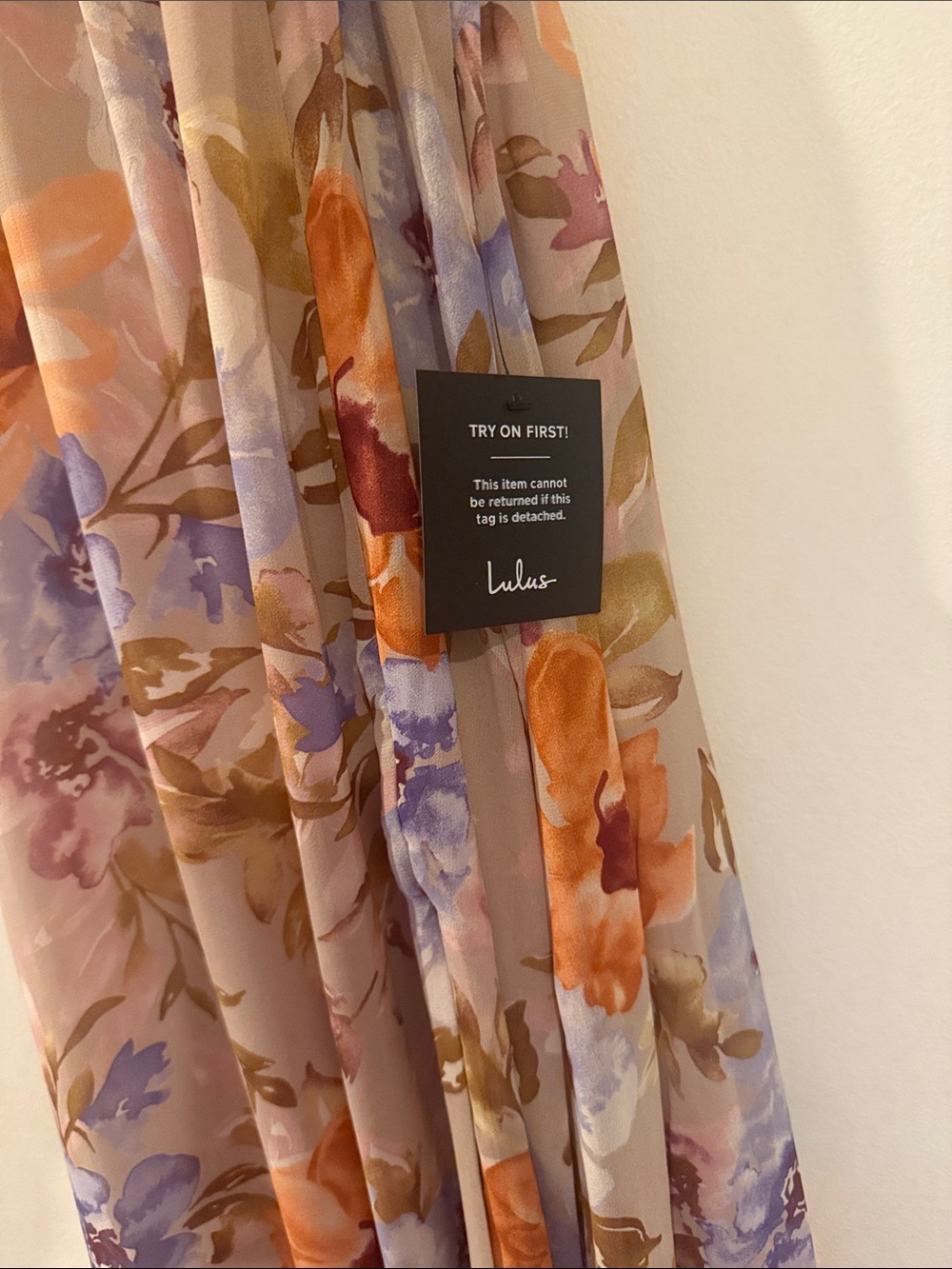 Lulu's Beige Floral Ruched V-Neck Maxi Dress with Orange & Purple Blooms - Picture 2 of 2